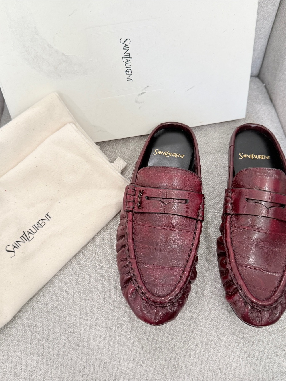 Saint Laurent Le Loafer Eel Slipper Mules Glossy Burgundy Gold Logo